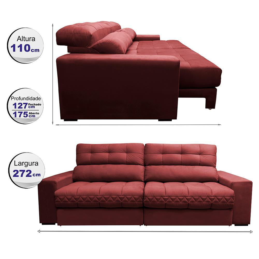 Sofá Retrátil e Reclinável 2,72m Molas Ensacadas Cama inBox Brasil Velusoft Vermelho - 2