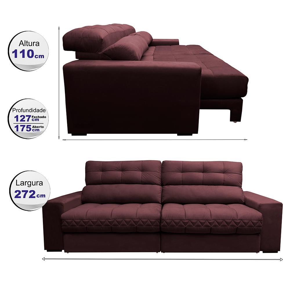 Sofá Retrátil e Reclinável 2,72m Molas Ensacadas Cama inBox Brasil Velusoft Vinho - 2