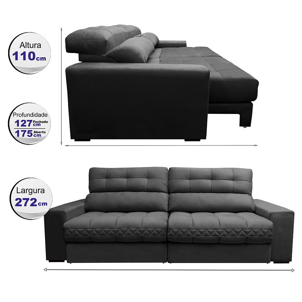 Sofá Retrátil e Reclinável 2,72m Molas Ensacadas Cama inBox Brasil Velusoft Cinza - 2
