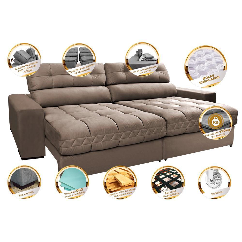 Sofá Retrátil e Reclinável 2,72m Molas Ensacadas Cama inBox Brasil Velusoft Castor - 3