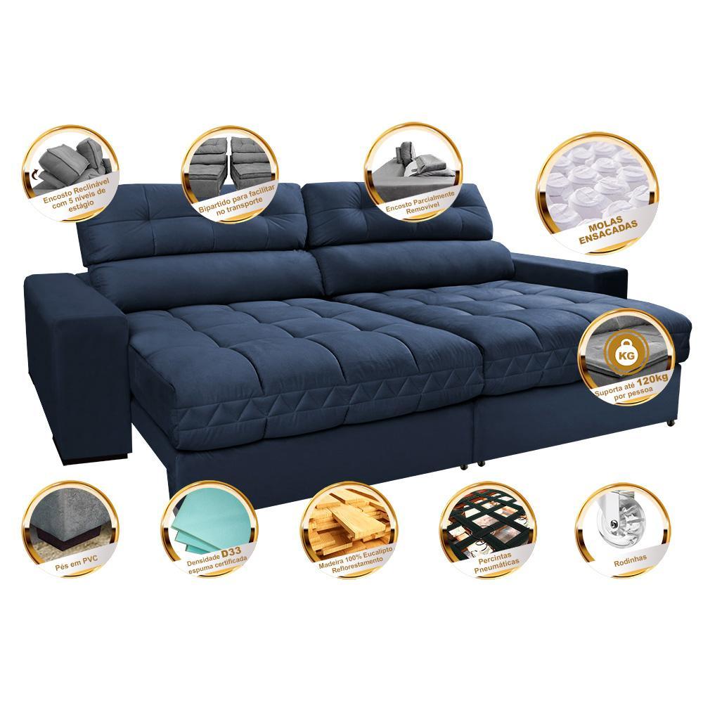 Sofá Retrátil e Reclinável 2,72m Molas Ensacadas Cama inBox Brasil Velusoft Azul - 3