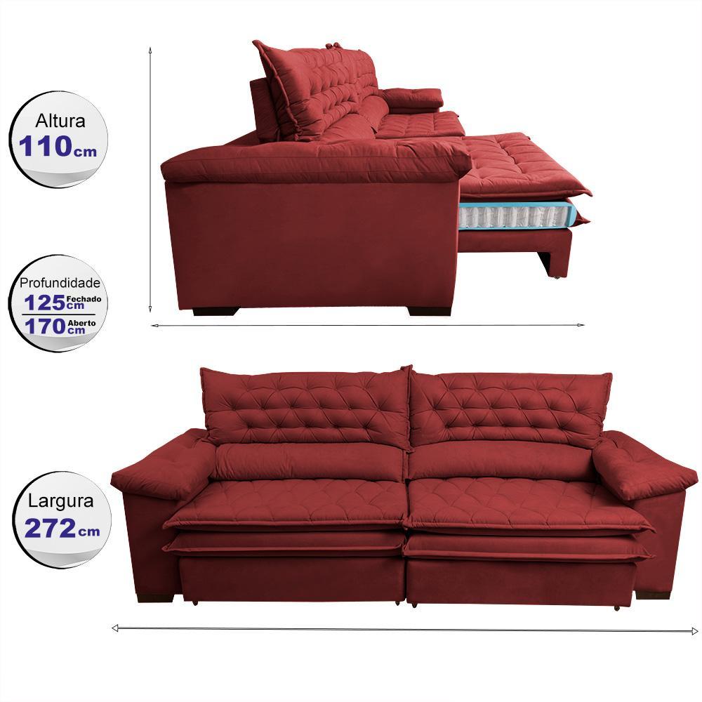 Sofá Retrátil e Reclinável 2,72m Molas Ensacadas Cama inBox Alemanha com Espuma Viscoelástico Velusoft Vermelho - 2