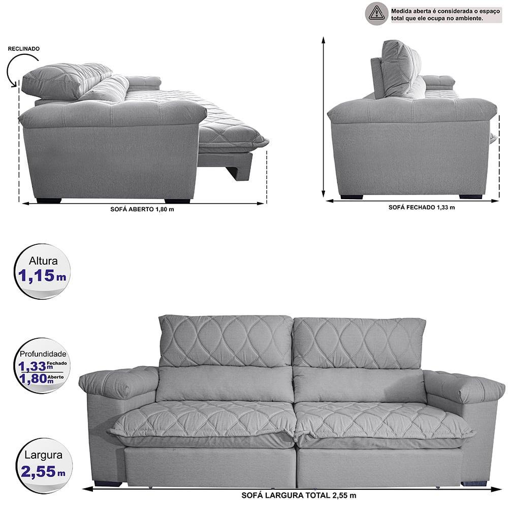 Sofá Retrátil e Reclinável 2,55m Molas Ensacadas Cama inBox Big Home com Bordado 3D Linho Cinza Claro - 2