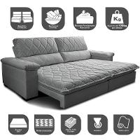 Sofá Retrátil e Reclinável 2,55m Molas Ensacadas Cama inBox Big Home com Bordado 3D Linho Cinza Claro - 3