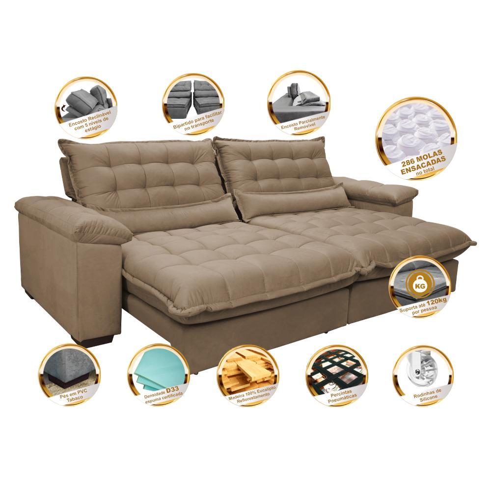 Sofá Retrátil e Reclinável 2,72m com Molas Ensacadas Cama inBox Aconchego Tecido Suede Castor - 3