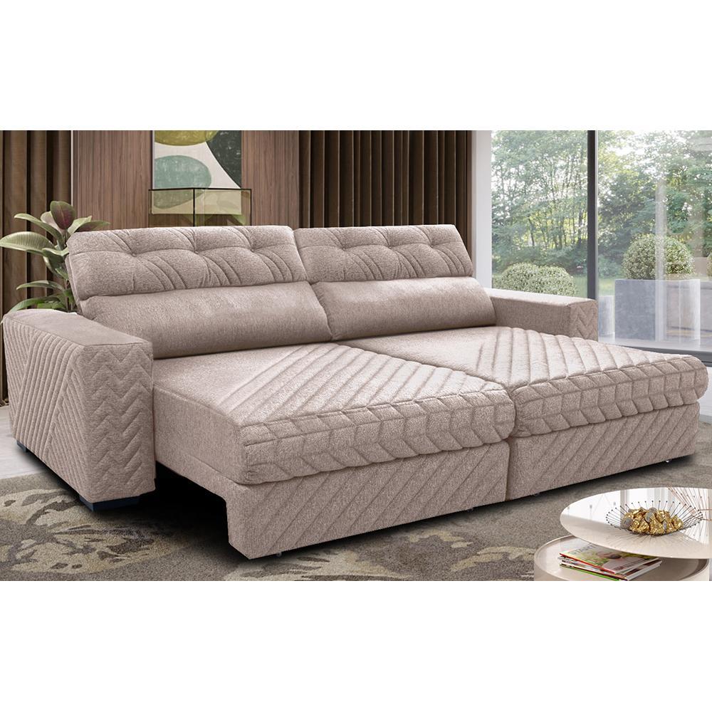 Sofá Retrátil e Reclinável 2,55m Molas Ensacadas Cama inBox Style Thermo Gel Linho Bege Claro - 1