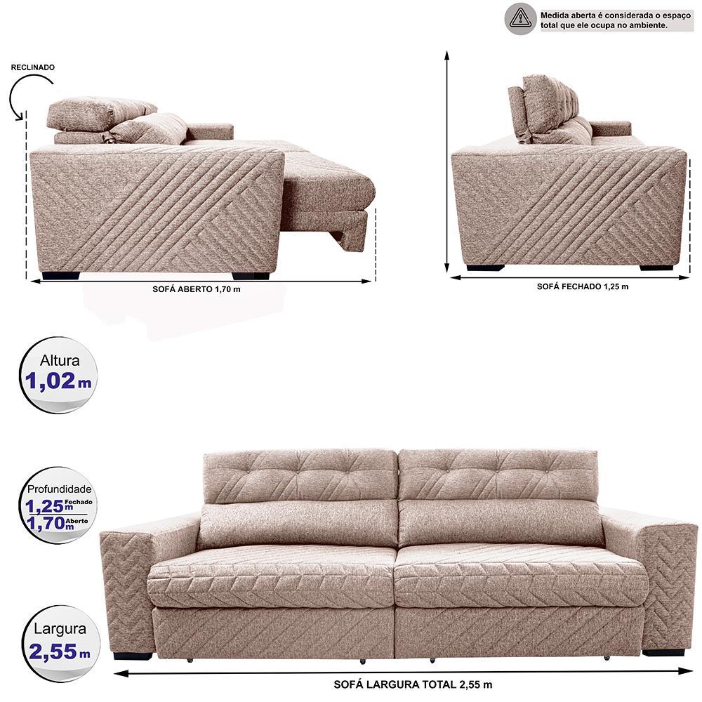 Sofá Retrátil e Reclinável 2,55m Molas Ensacadas Cama inBox Style Thermo Gel Linho Bege Claro - 2