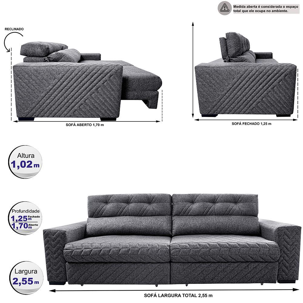 Sofá Retrátil e Reclinável 2,55m Molas Ensacadas Cama inBox Style Thermo Gel Linho Cinza Escuro - 2