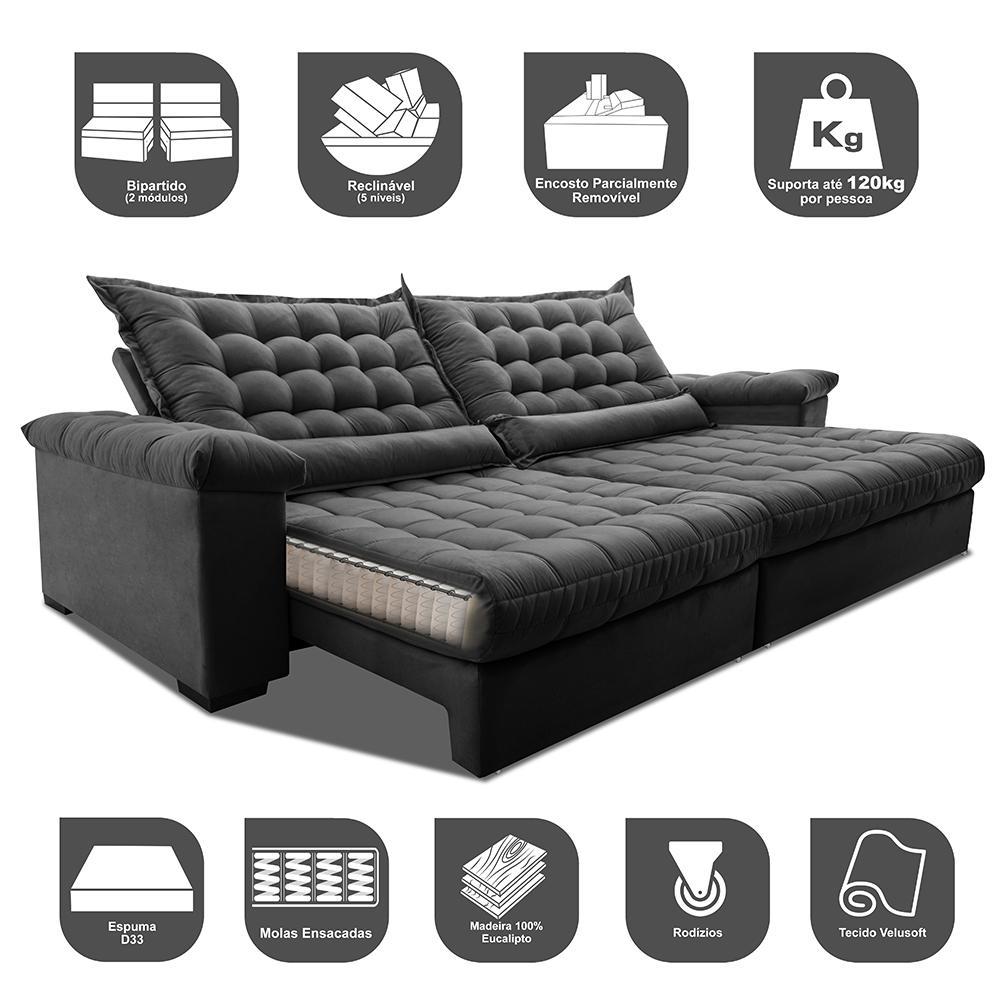 Sofá Retrátil e Reclinável 2,55m Molas Ensacadas Cama inBox Big Space com Bordado 3D Velusoft Cinza - 3