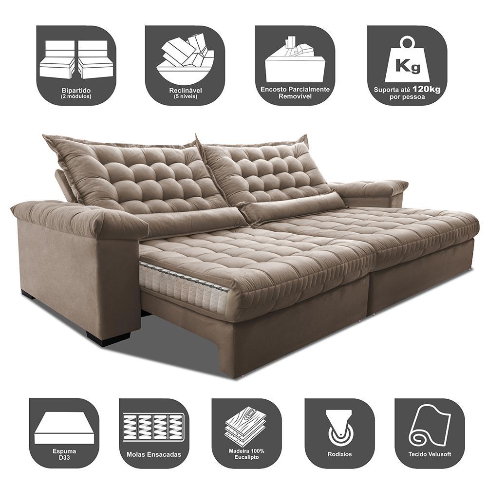 Sofá Retrátil e Reclinável 2,55m Molas Ensacadas Cama inBox Big Space com Bordado 3D Velusoft Bege - 3