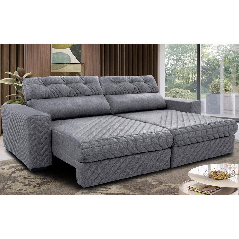 Sofá Retrátil e Reclinável 2,55m Molas Ensacadas Cama inBox Style Thermo Gel Linho Cinza Claro - 1