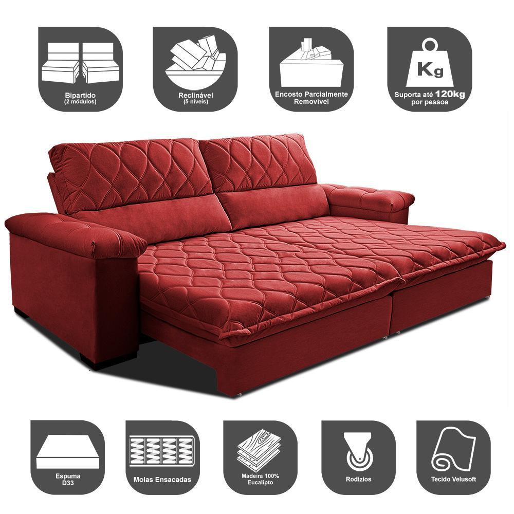 Sofá Retrátil e Reclinável 2,55m Molas Ensacadas Cama inBox Big Home com Bordado Velusoft Vermelho - 3