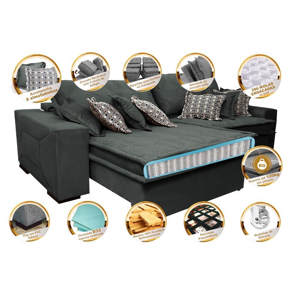 Sofá Retrátil e Reclinável 2,72m com Molas Ensacadas Cama Inbox Supreme Tecido Suede Velusoft Cinza - 3