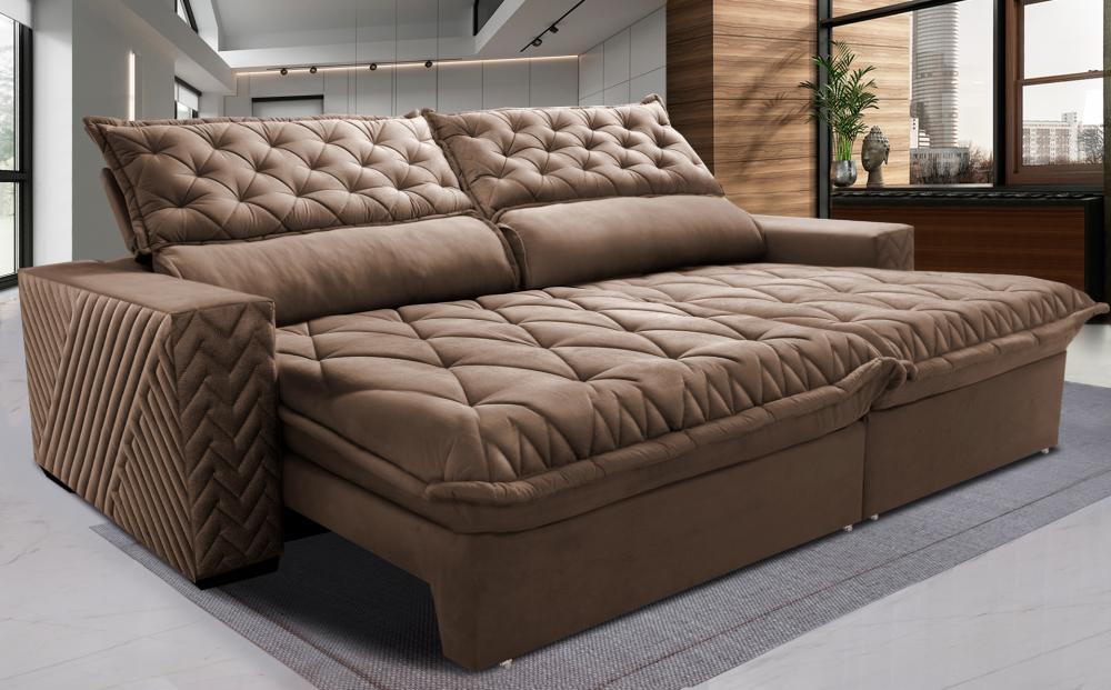 Sofá Retrátil e Reclinável 2,55m Molas Ensacadas Cama inBox Spazus com Bordado 3D Velusoft Castor - 1