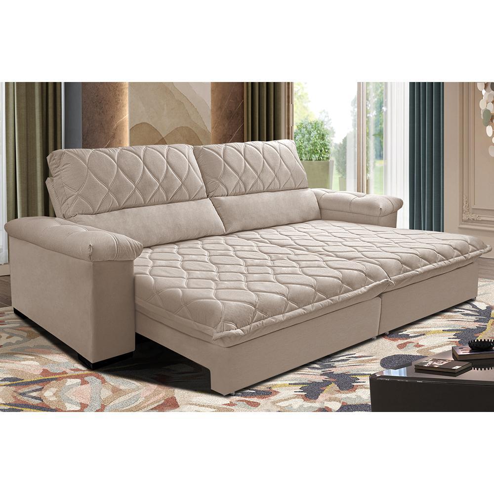 Sofá Retrátil e Reclinável 2,55m Molas Ensacadas Cama inBox Big Home com Bordado 3D Velusoft Bege - 1