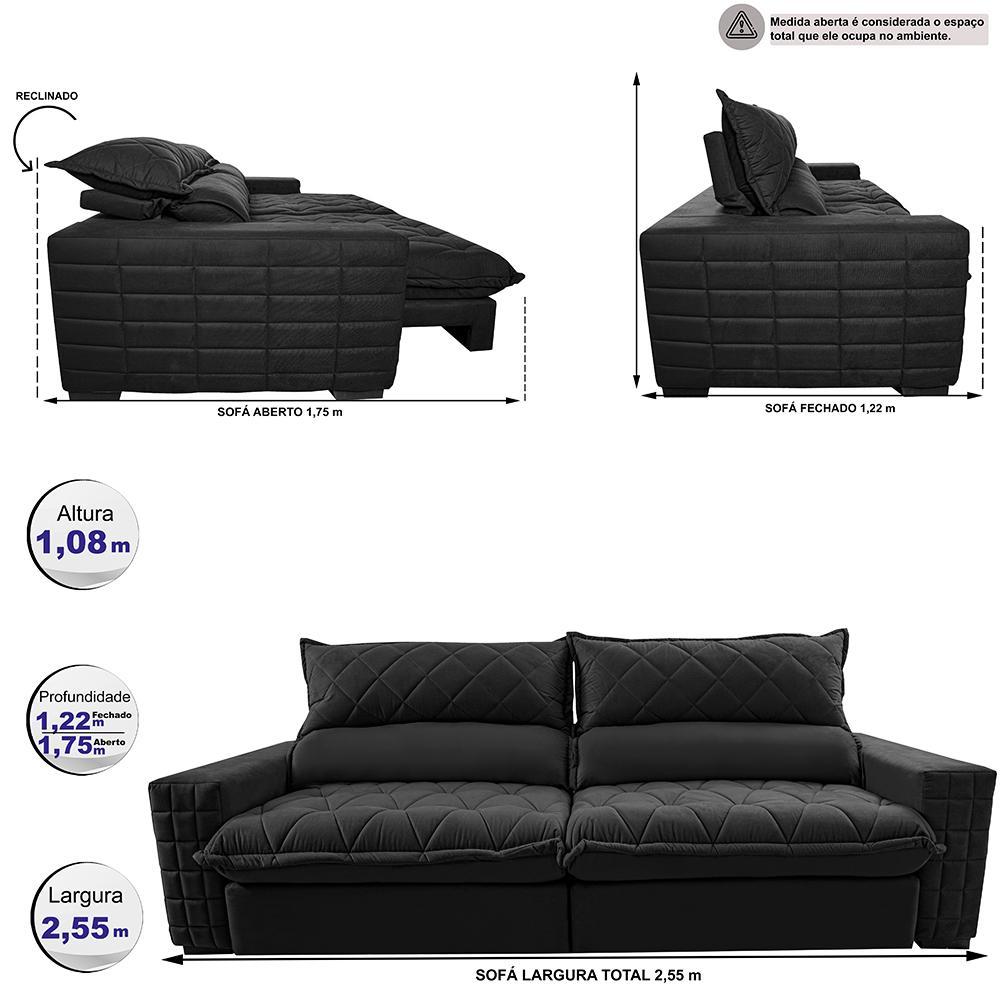 Sofá Retrátil e Reclinável 2,55m Molas Ensacadas Cama inBox Elegance com ThermoGel Velusoft Preto - 2