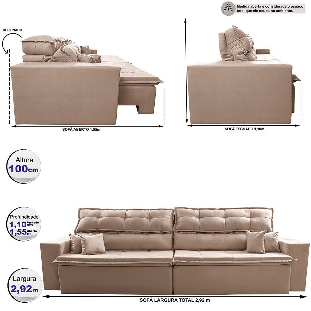 Sofá Retrátil e Reclinável 2,92m Luxos Cama inBox Velusoft Bege - 3