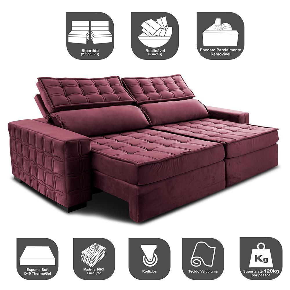 Sofá Retrátil e Reclinável 2,75m Cama inBox Big Star com SoftGel D40 Velupluma Vinho - 3