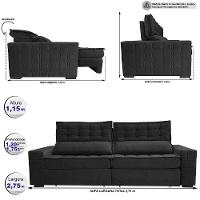 Sofá Retrátil e Reclinável 2,75m Cama inBox Big Star com SoftGel D40 Velupluma Preto - 2