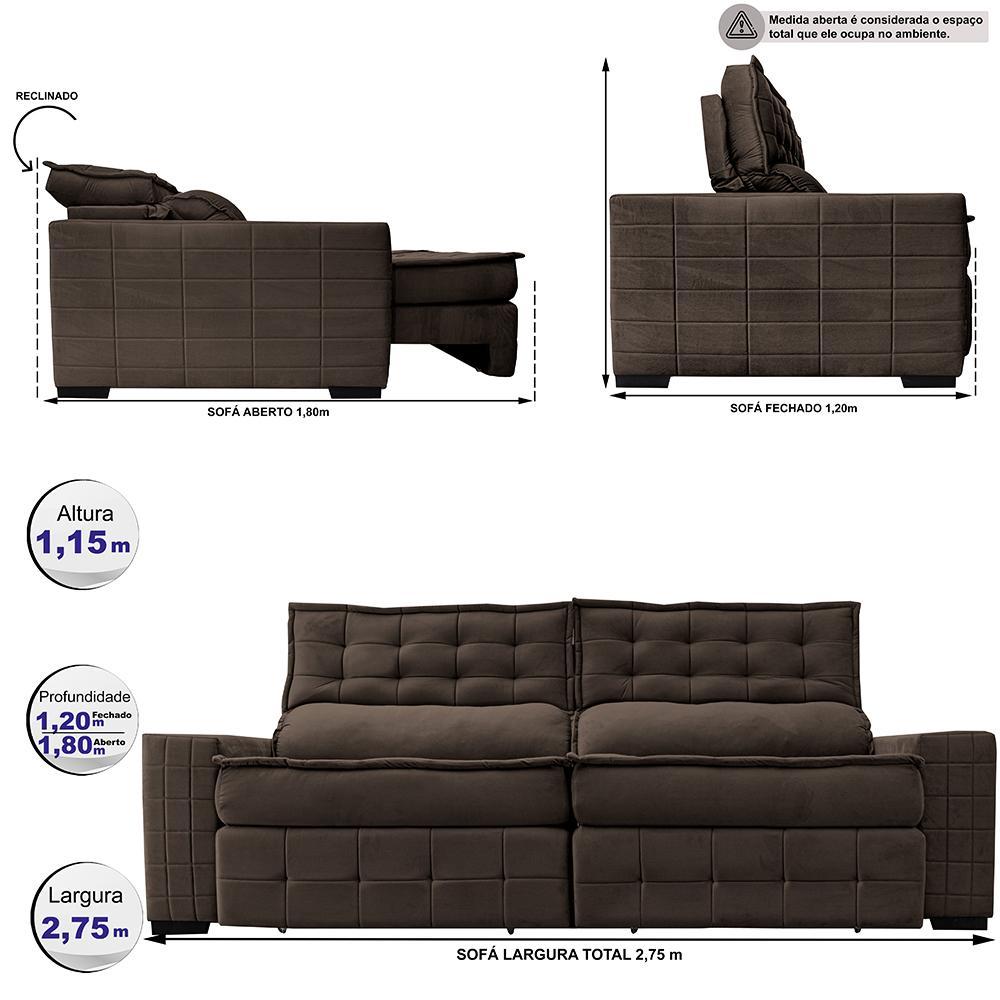 Sofá Retrátil e Reclinável 2,75m Cama inBox Big Puffer com SoftGel D40 Velupluma Café - 2
