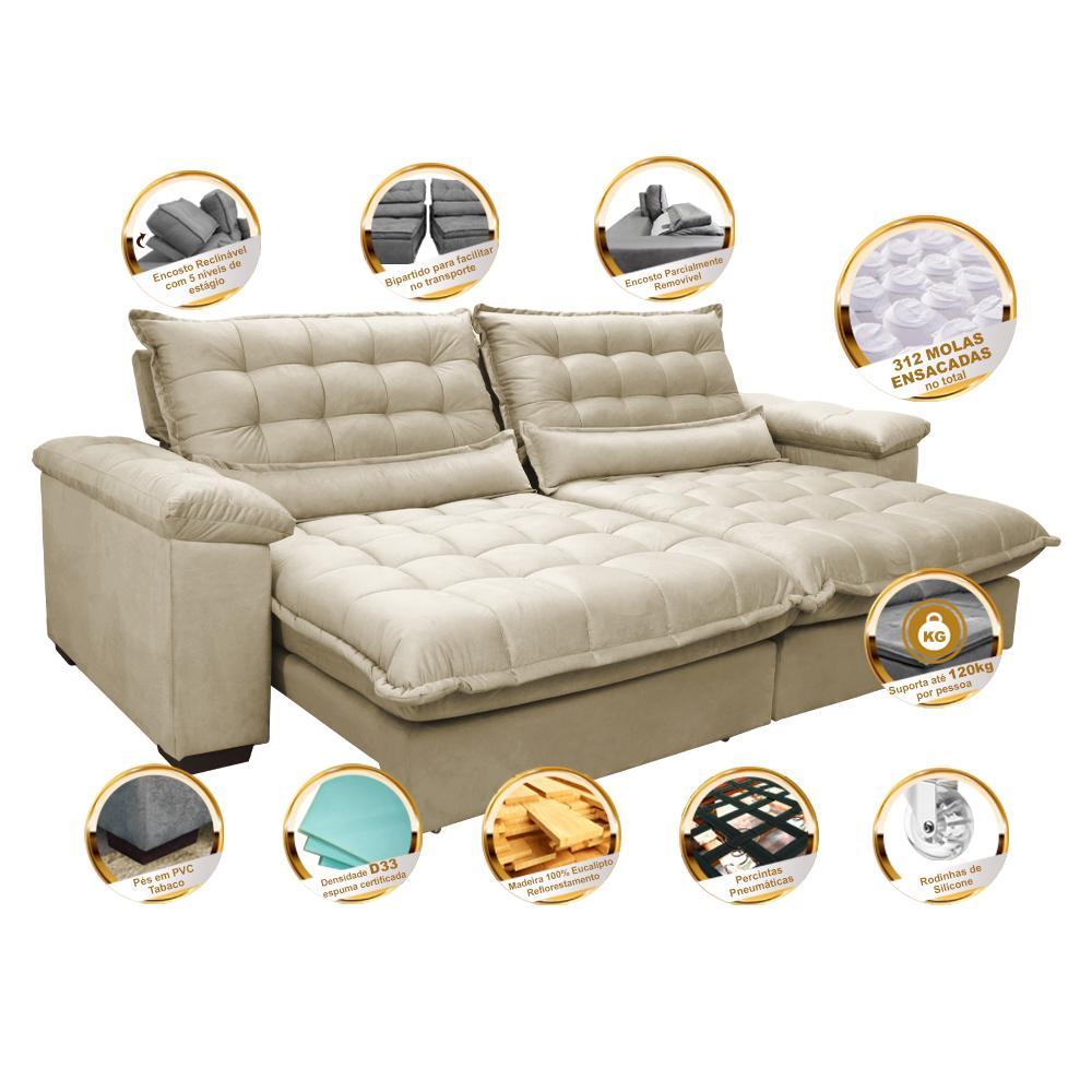 Sofá Retrátil e Reclinável 2,92m com Molas Ensacadas Cama inBox Aconchego Tecido Suede Bege - 3