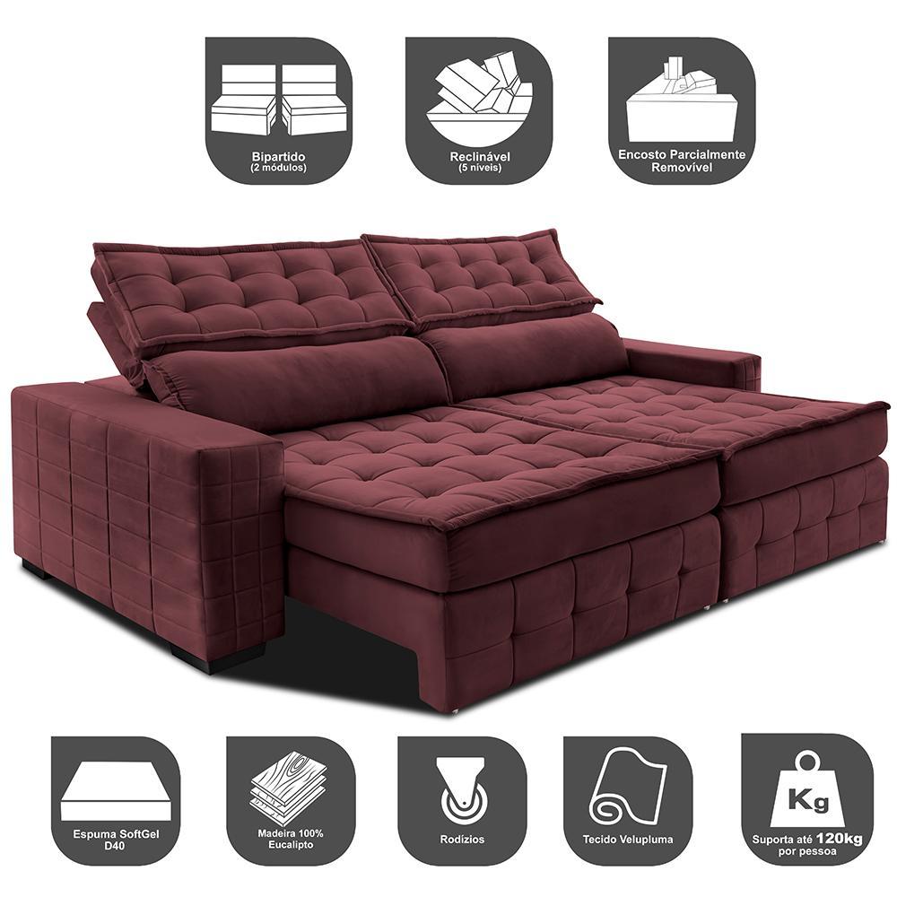 Sofá Retrátil e Reclinável 2,75m Cama inBox Big Puffer com SoftGel D40 Velupluma Vinho - 3