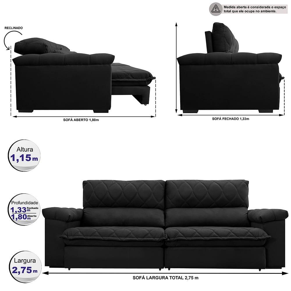 Sofá Retrátil e Reclinável 2,75m Molas Ensacadas Cama inBox Big Home com Bordado 3D Velusoft Preto - 2