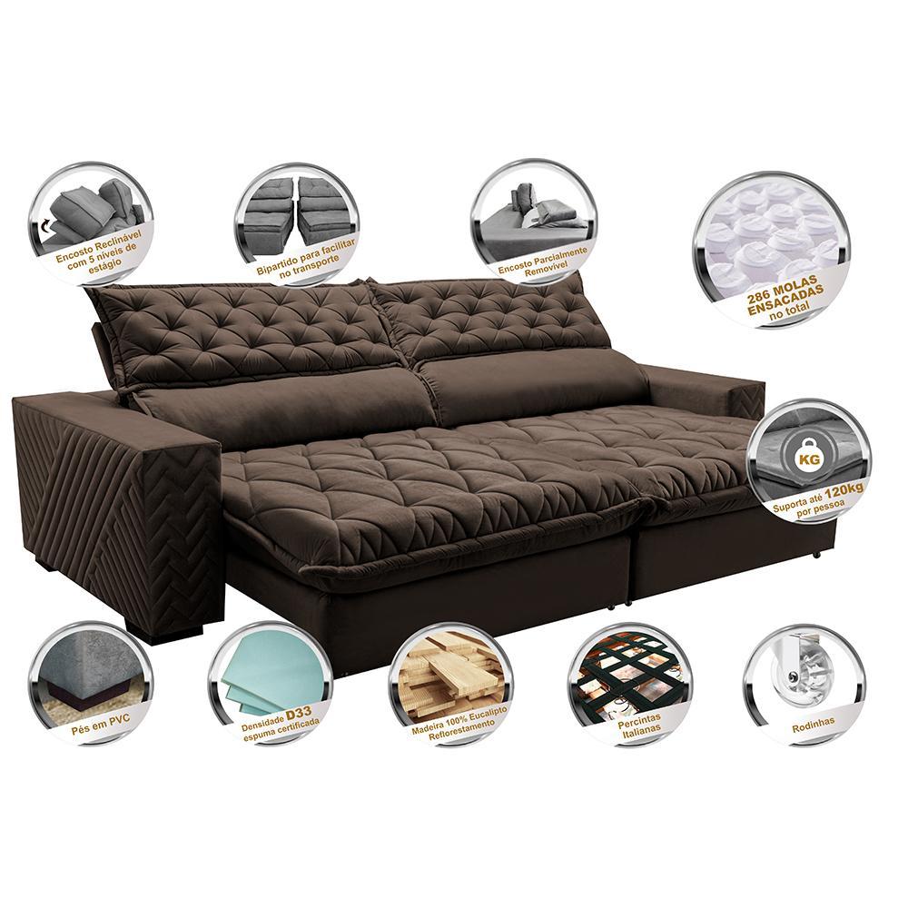Sofá Retrátil e Reclinável 2,75m Molas Ensacadas Cama inBox Spazus com Bordado 3D Velusoft Café - 3