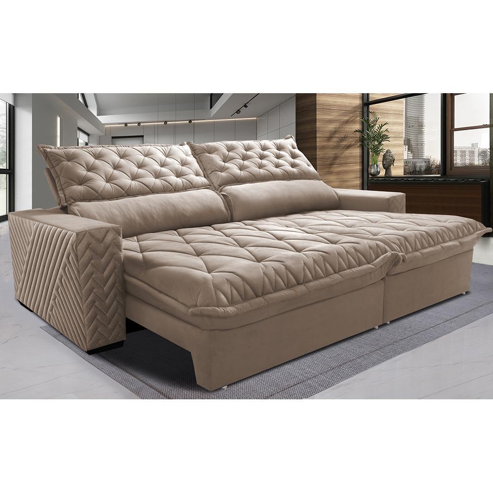 Sofá Retrátil e Reclinável 2,75m Molas Ensacadas Cama inBox Spazus com Bordado 3D Velusoft Bege - 2