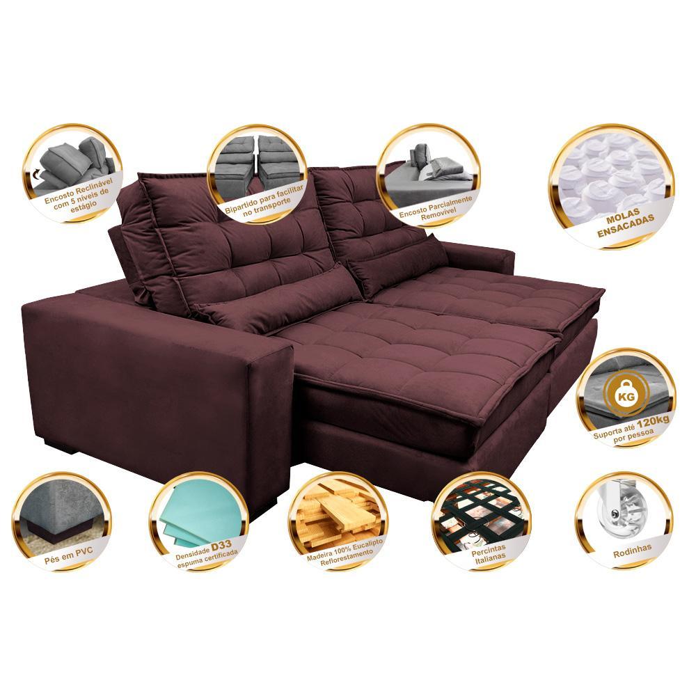 Sofá Retrátil e Reclinável 2,72m Molas Ensacadas Cama inBox Catar Velusoft Vinho - 3