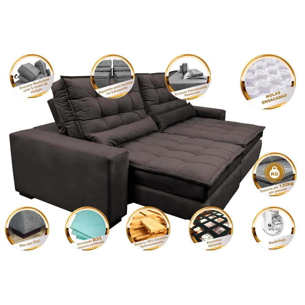 Sofá Retrátil e Reclinável 2,72m Molas Ensacadas Cama inBox Catar Velusoft Café - 3