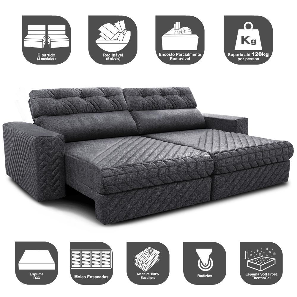 Sofá Retrátil e Reclinável 2,75m Molas Ensacadas Cama inBox Style Thermo Gel Linho Cinza Escuro - 3