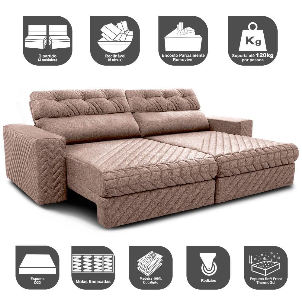 Sofá Retrátil e Reclinável 2,75m Molas Ensacadas Cama inBox Style Thermo Gel Linho Bege Escuro - 3