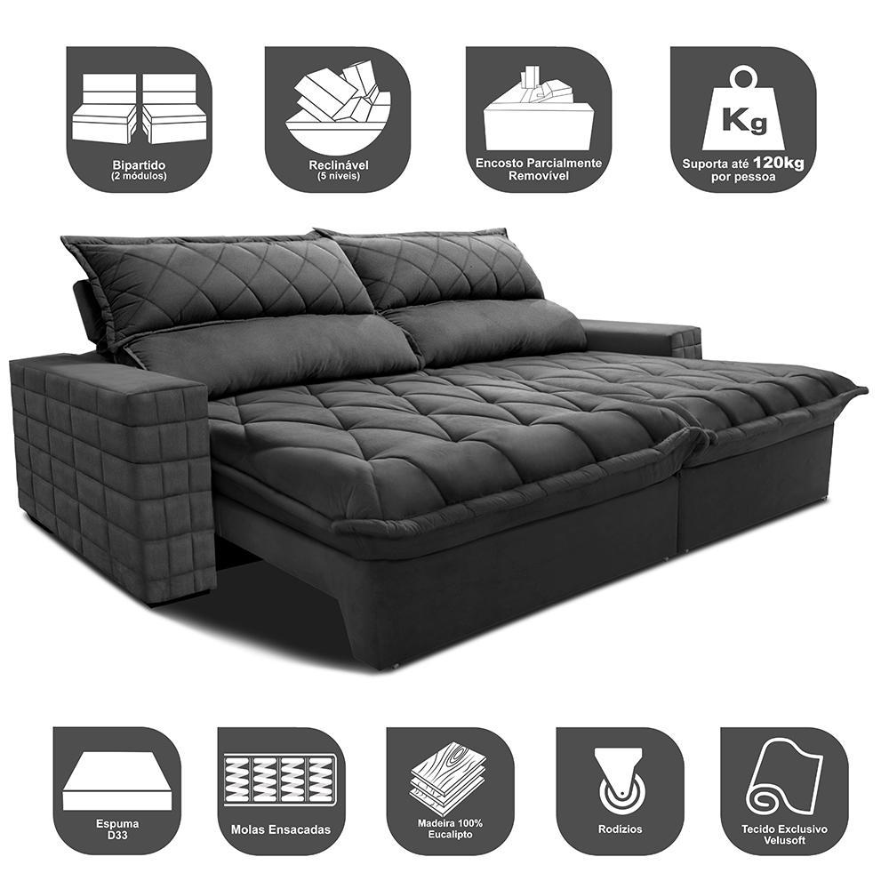 Sofá Retrátil e Reclinável 2,75m Molas Ensacadas Cama inBox Elegance com ThermoGel Velusoft Cinza - 3