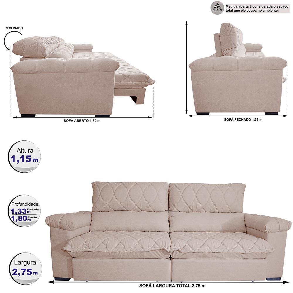 Sofá Retrátil e Reclinável 2,75m Molas Ensacadas Cama inBox Big Home com Bordado 3D Linho Bege Claro - 2