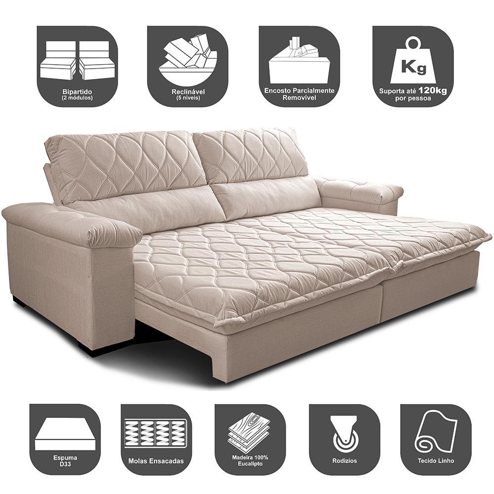 Sofá Retrátil e Reclinável 2,75m Molas Ensacadas Cama inBox Big Home com Bordado 3D Linho Bege Claro - 3