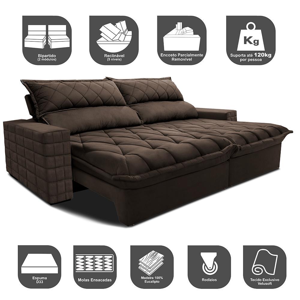 Sofá Retrátil e Reclinável 2,75m Molas Ensacadas Cama inBox Elegance com ThermoGel Velusoft Café - 3