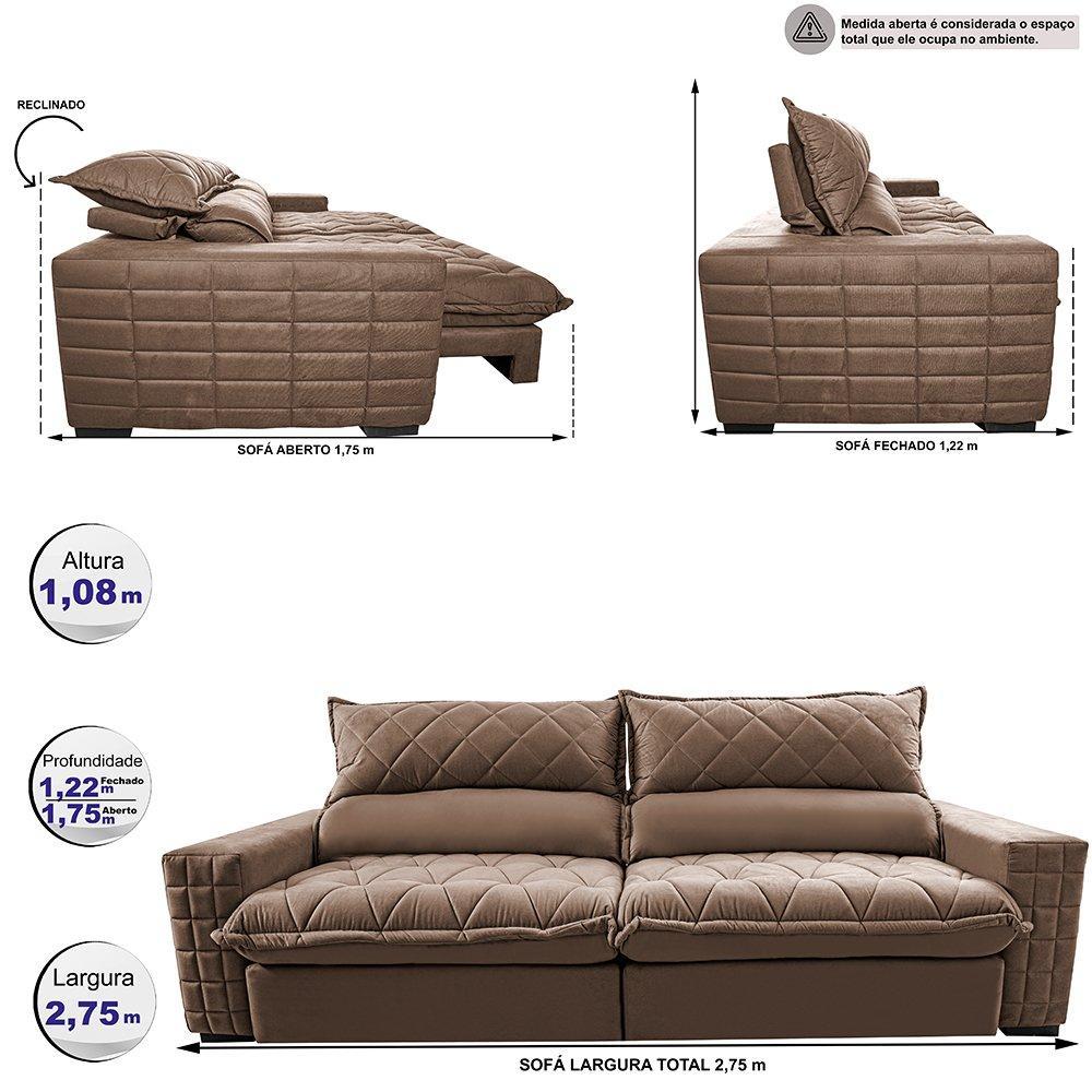 Sofá Retrátil e Reclinável 2,75m Molas Ensacadas Cama inBox Elegance com ThermoGel Velusoft Castor - 2