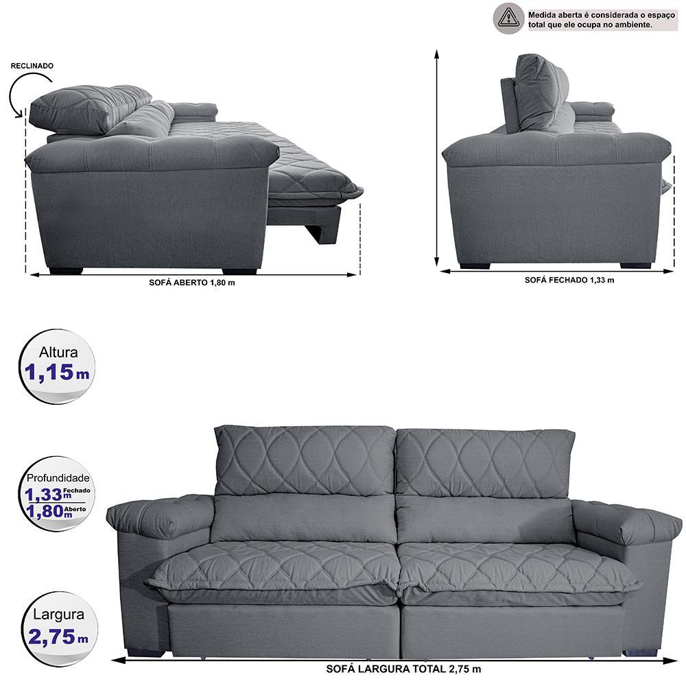 Sofá Retrátil e Reclinável 2,75m Molas Ensacadas Cama inBox Big Home com Bordado 3D Linho Cinza Escuro - 2