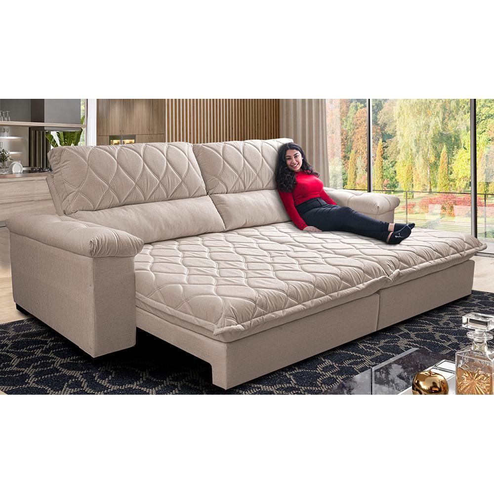 Sofá Retrátil e Reclinável 2,95m Molas Ensacadas Cama inBox Big Home com Bordado 3D Linho Bege Claro - 1