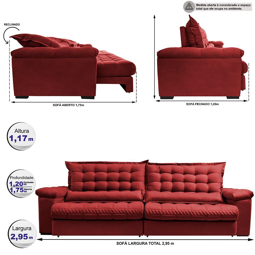 Sofá Retrátil e Reclinável 2,95m Molas Ensacadas Cama inBox Big Space com Bordado Velusoft Vermelho - 2