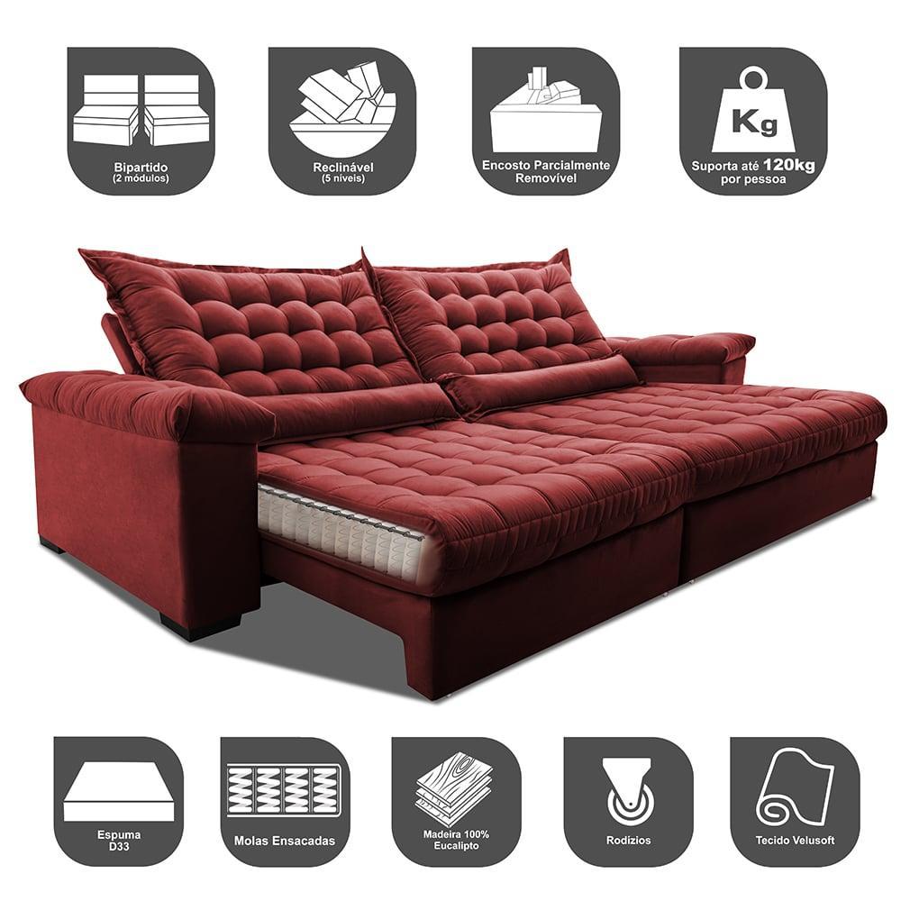 Sofá Retrátil e Reclinável 2,95m Molas Ensacadas Cama inBox Big Space com Bordado Velusoft Vermelho - 3