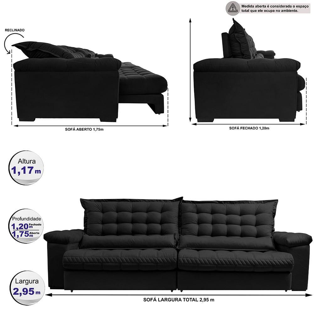 Sofá Retrátil e Reclinável 2,95m Molas Ensacadas Cama inBox Big Space com Bordado 3D Velusoft Preto - 2