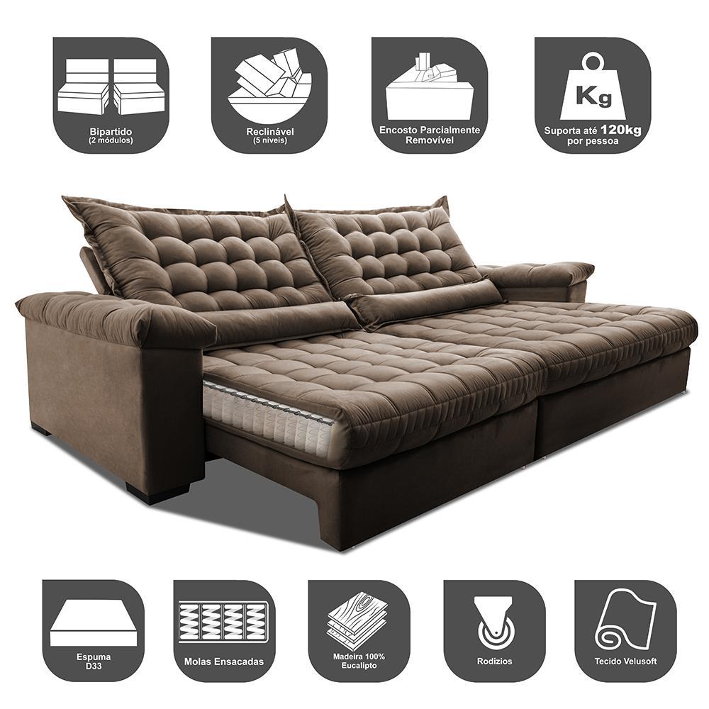 Sofá Retrátil e Reclinável 2,95m Molas Ensacadas Cama inBox Big Space com Bordado 3D Velusoft Castor - 3