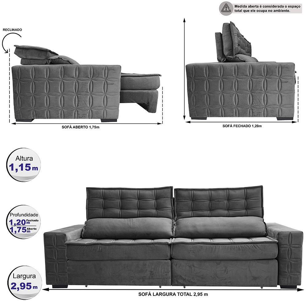 Sofá Retrátil e Reclinável 2,95m Cama inBox Big Star com SoftGel D40 Velupluma Cinza - 2