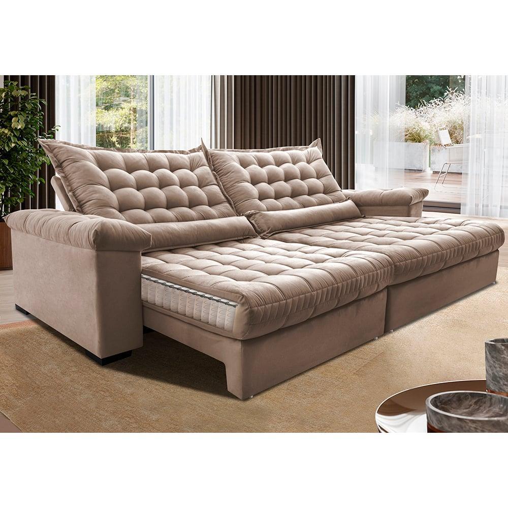 Sofá Retrátil e Reclinável 2,95m Molas Ensacadas Cama inBox Big Space com Bordado 3D Velusoft Bege - 1