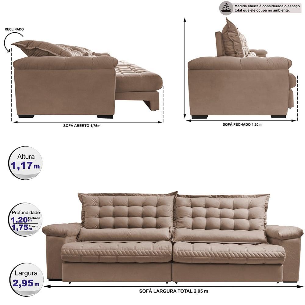 Sofá Retrátil e Reclinável 2,95m Molas Ensacadas Cama inBox Big Space com Bordado 3D Velusoft Bege - 2