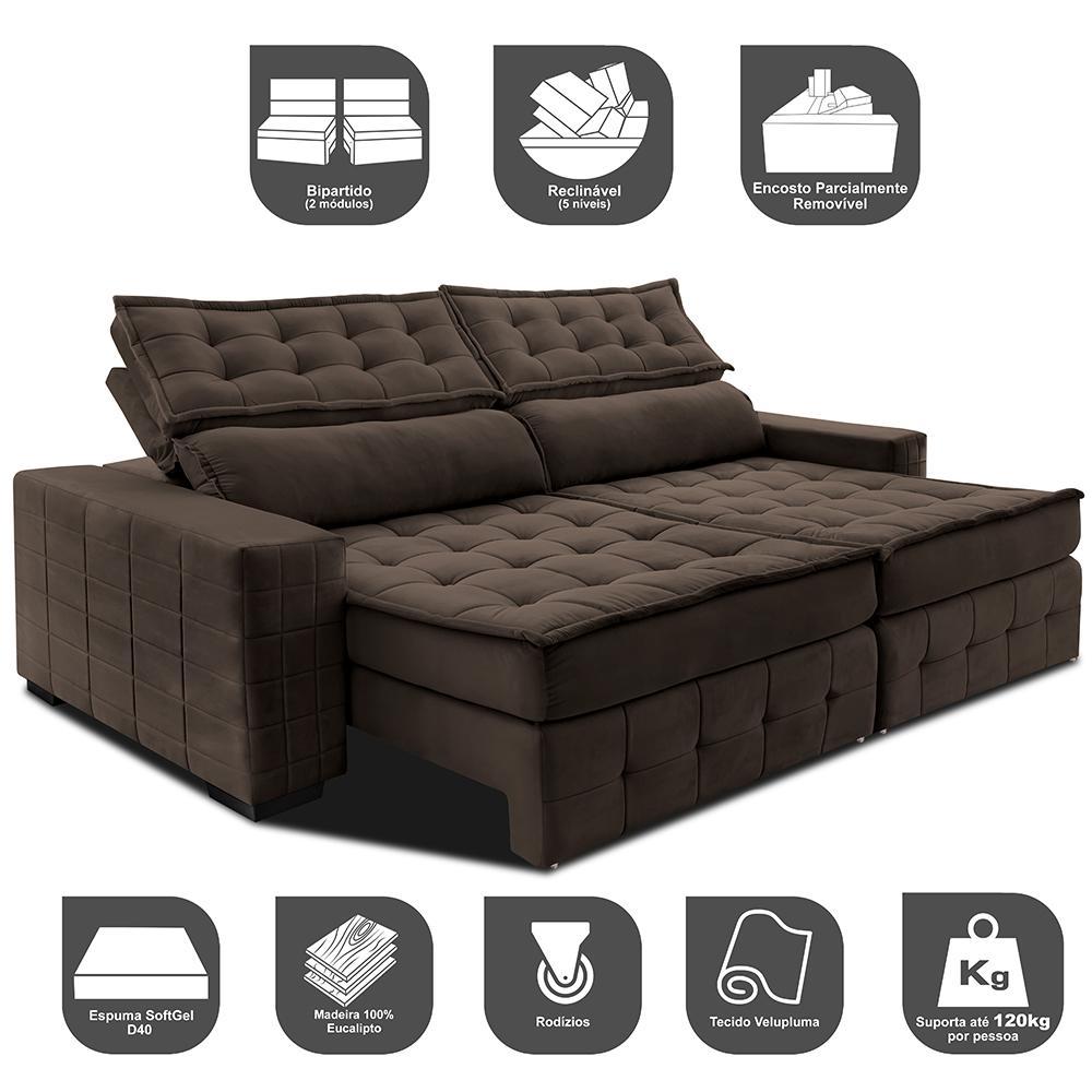 Sofá Retrátil e Reclinável 2,95m Cama inBox Big Puffer com SoftGel D40 Velupluma Café - 3