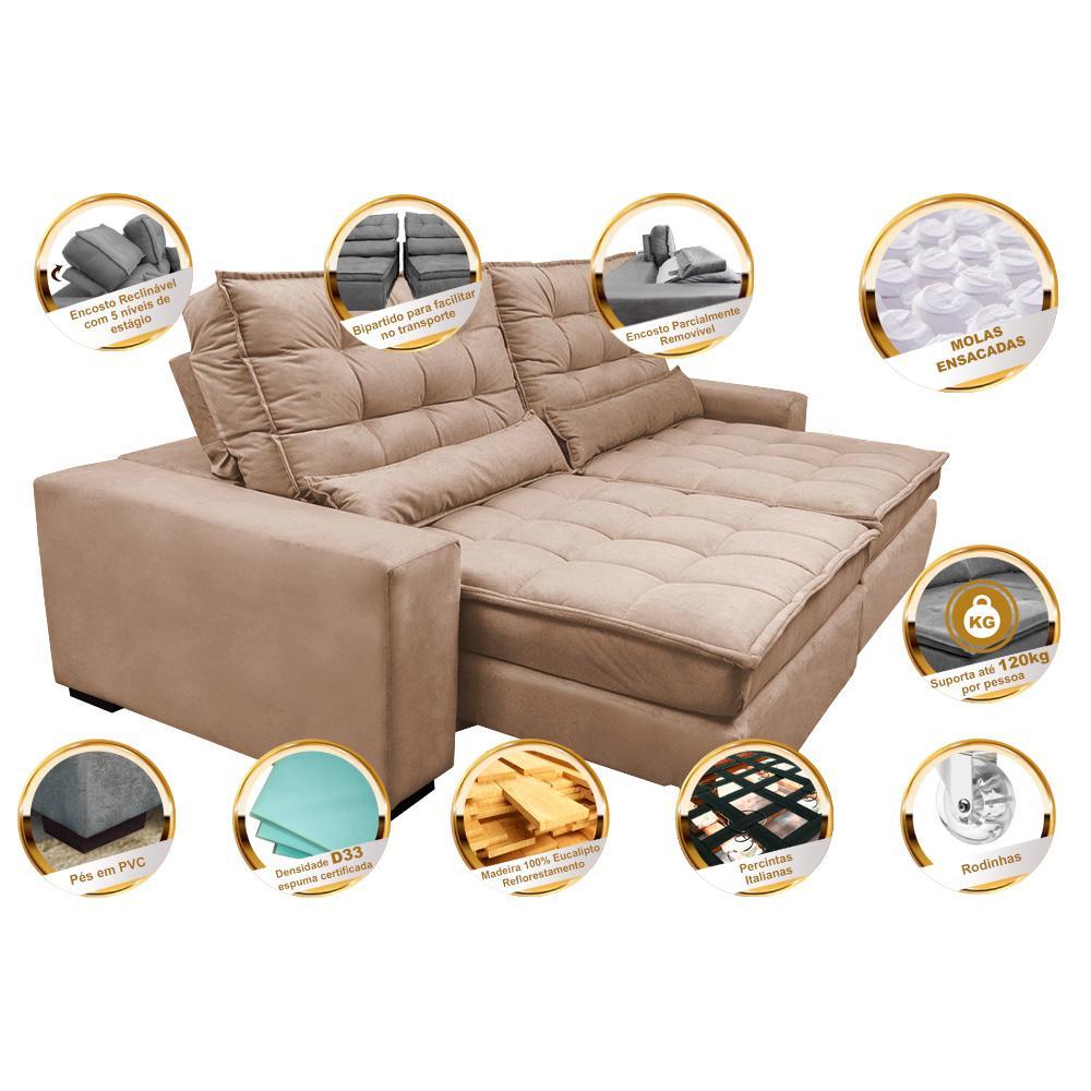 Sofá Retrátil e Reclinável 2,92m Molas Ensacadas Cama inBox Catar Velusoft Bege - 3