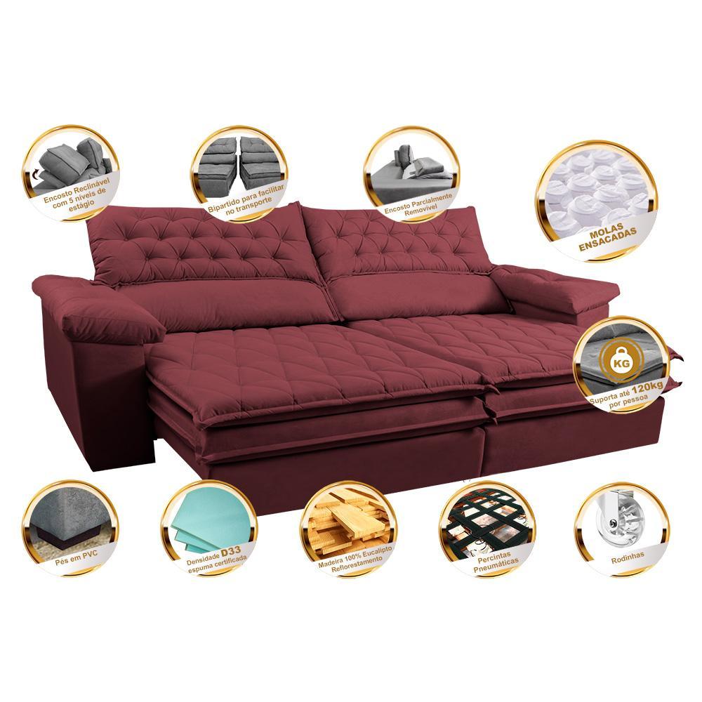 Sofá Retrátil e Reclinável 2,92m Molas Ensacadas Cama inBox Alemanha com Espuma Viscoelástico Velusoft Vinho - 3